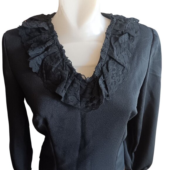 M Vintage 1970's Goth Funeral Black Long Sleeve Blouse Lace Ruffle Collar Cuffs - Picture 1 of 7